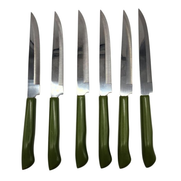 Vtg Household's Steak Knives Green Avocado Handles Wood Block Holder w/ Box MCM - Picture 3 of 9